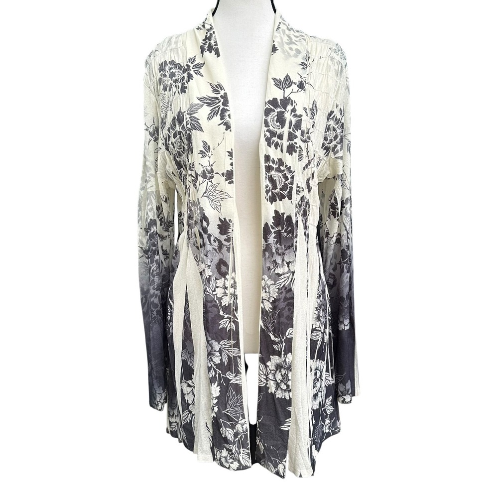 Vintage Coldwater Creek Floral Print Ombre Open Cardigan Grey Cream Large 14-16